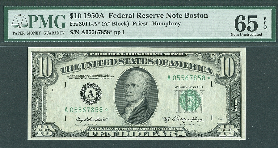 Fr.2011-A*, 1950A $10 Boston Star FRN, AO5567858*, GemCU, PMG65-EPQ